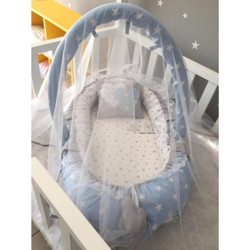 Mavi -Yıldız Desenli Cibinlik ve Oyuncak Askılı Lüx Tasarım Babynest - Gri - Fuşya Park Yatak / Oyun Parkı Fiyatı