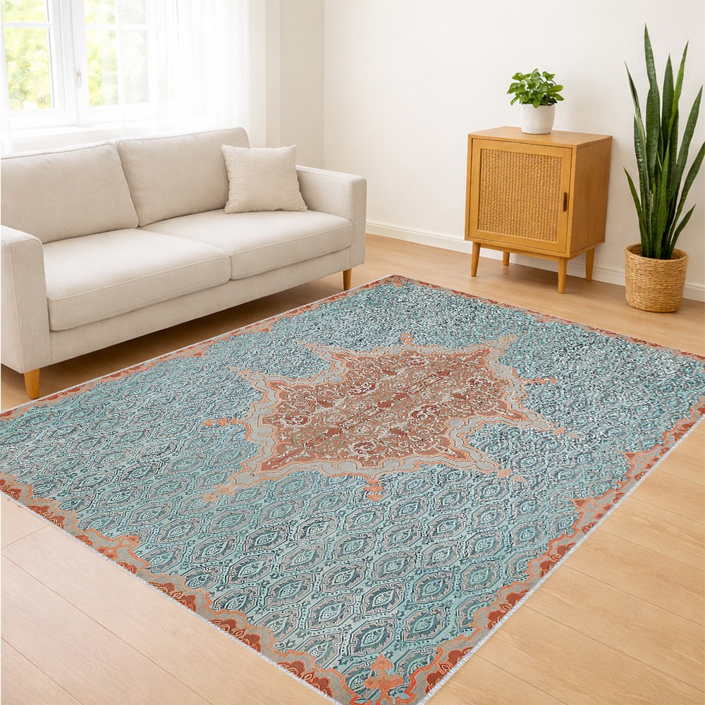 Mavi Zeminli Merkezi Motifli Klasik Salon Halısı Toz Tutmaz Kaymaz Tabanlı Dikkat Çekici Stil - SD-1114 - 120 x 180 Salon Halısı Fiyatı