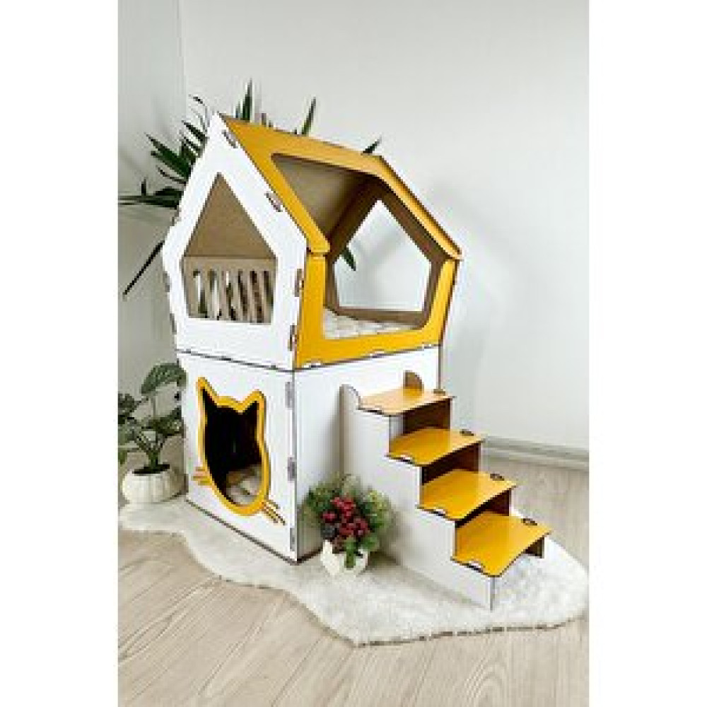 Mavitrend Ahşap Büyük Kedi Evi Xxl Açık Teraslı Model 5 Kg Üstü Kediler İçin Beyaz- Sarı Renk Evcil Hayvan Ürünleri Fiyatı