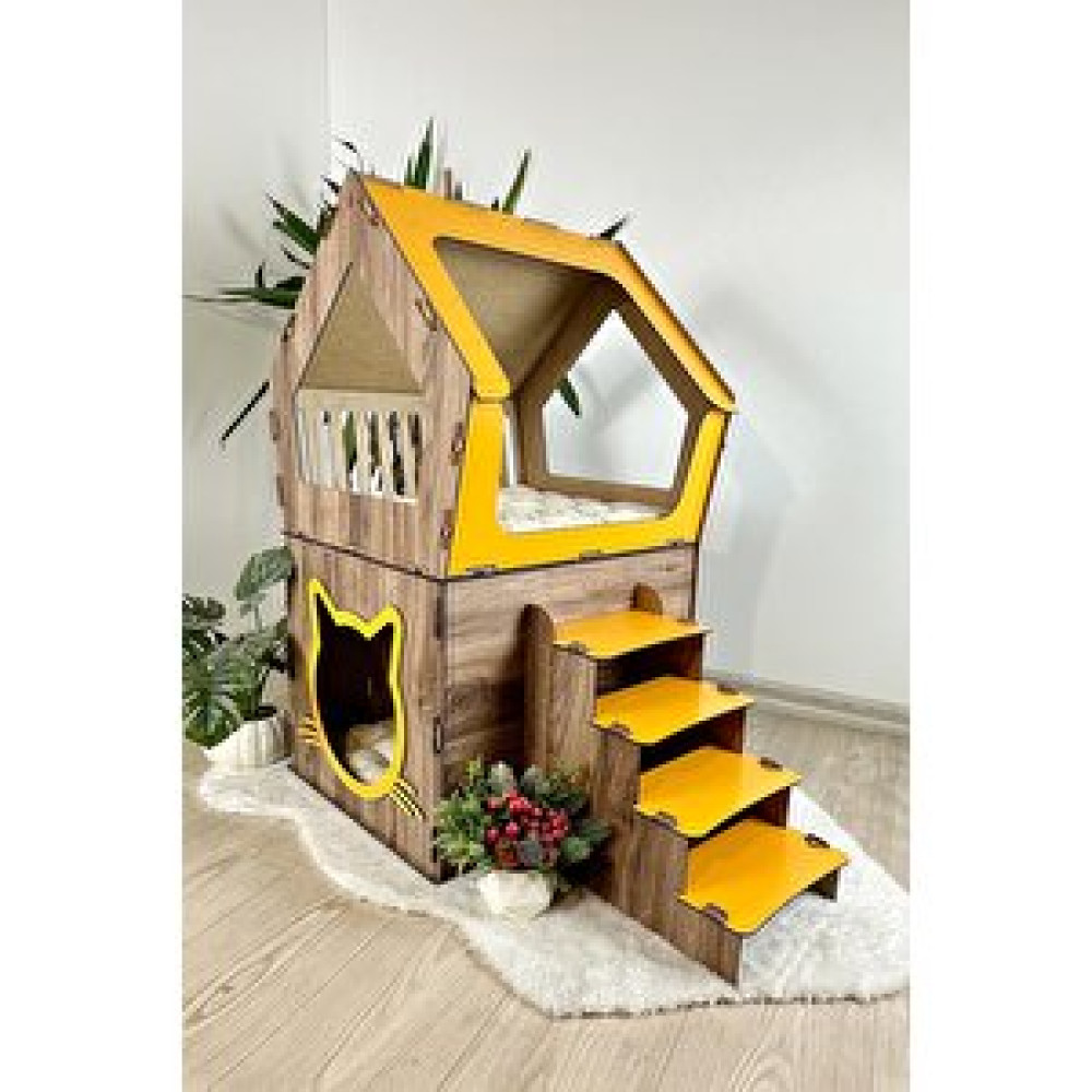 Mavitrend Ahşap Büyük Kedi Evi Xxl Açık Teraslı Model 5 Kg Üstü Kediler İçin Sarı -kahverengi Renk Evcil Hayvan Ürünleri Fiyatı