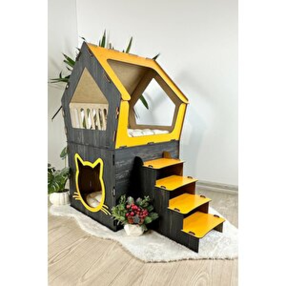 Mavitrend Ahşap Büyük Kedi Evi Xxl Açık Teraslı Model 5 Kg Üstü Kediler İçin Sarı- Siyah Renk Evcil Hayvan Ürünleri Fiyatı
