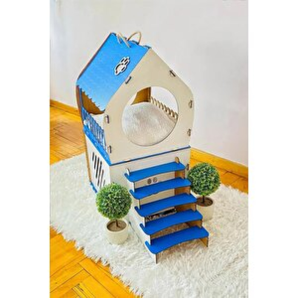 Mavitrend Dekoratif Ahşap Kedi Evi Teraslı 2 Katlı Merdivenli Kedi Evi Mavi - Beyaz Evcil Hayvan Ürünleri Fiyatı