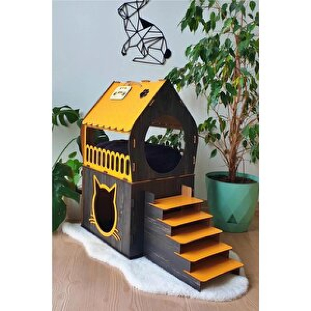 Mavitrend Dekoratif Ahşap Kedi Evi Teraslı 2 Katlı Merdivenli Kedi Evi Turuncu - Koyu Kahverengi Evcil Hayvan Ürünleri Fiyatı
