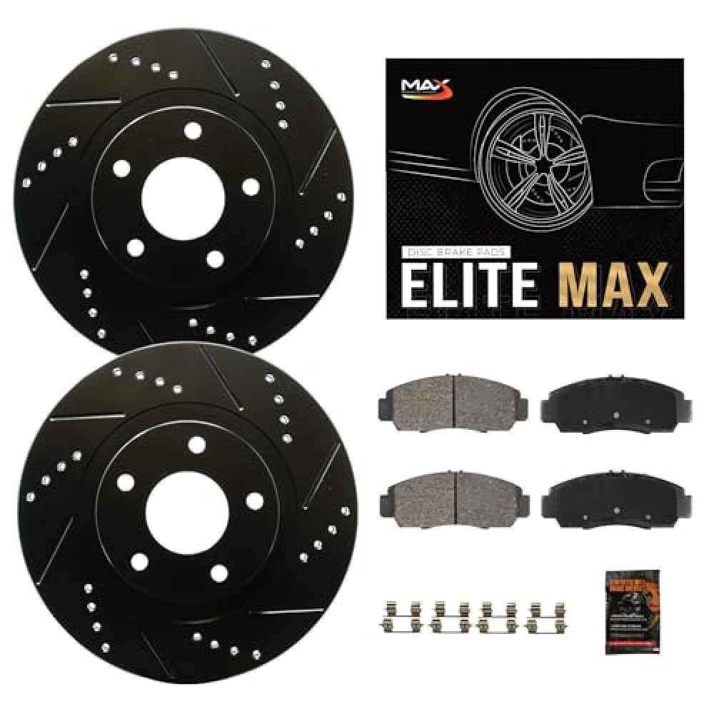 Max Advanced Brakes Front Brake Kit Compatible With 2006 2007 2008 2009 2010 2011 Honda Civic w/ 10.32" Front Rotor Replacement Drilled Slotted Black Coated Disc Brake Rotors and Ceramic Brake Pads