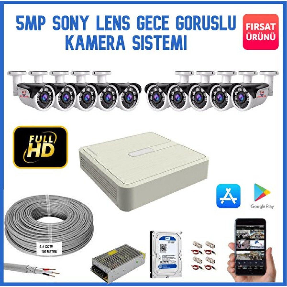 Maxcam 10 Kameralı 5 Mp Sony Lens Gece Görüşlü, Dış Mekan Ahd Güvenlik Kamerası Sistemi Güvenlik Kameraları Fiyatı