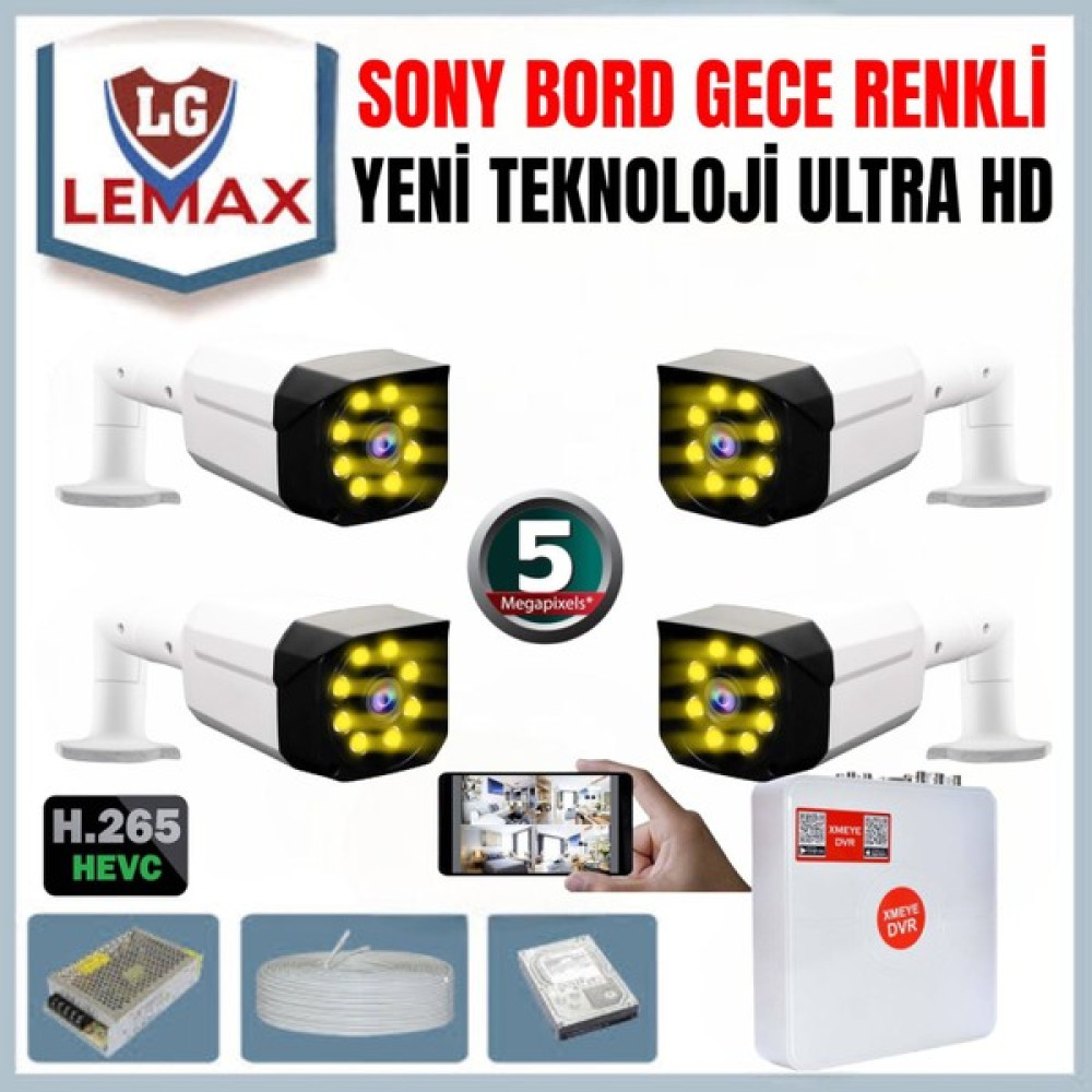 Maxcam 4 Kameralı 5 Mp Gece Renkli 8 Adet Warm LED Yüz ve Araç Algılamalı Güvenlik Kamerası Seti Güvenlik Kameraları Fiyatı