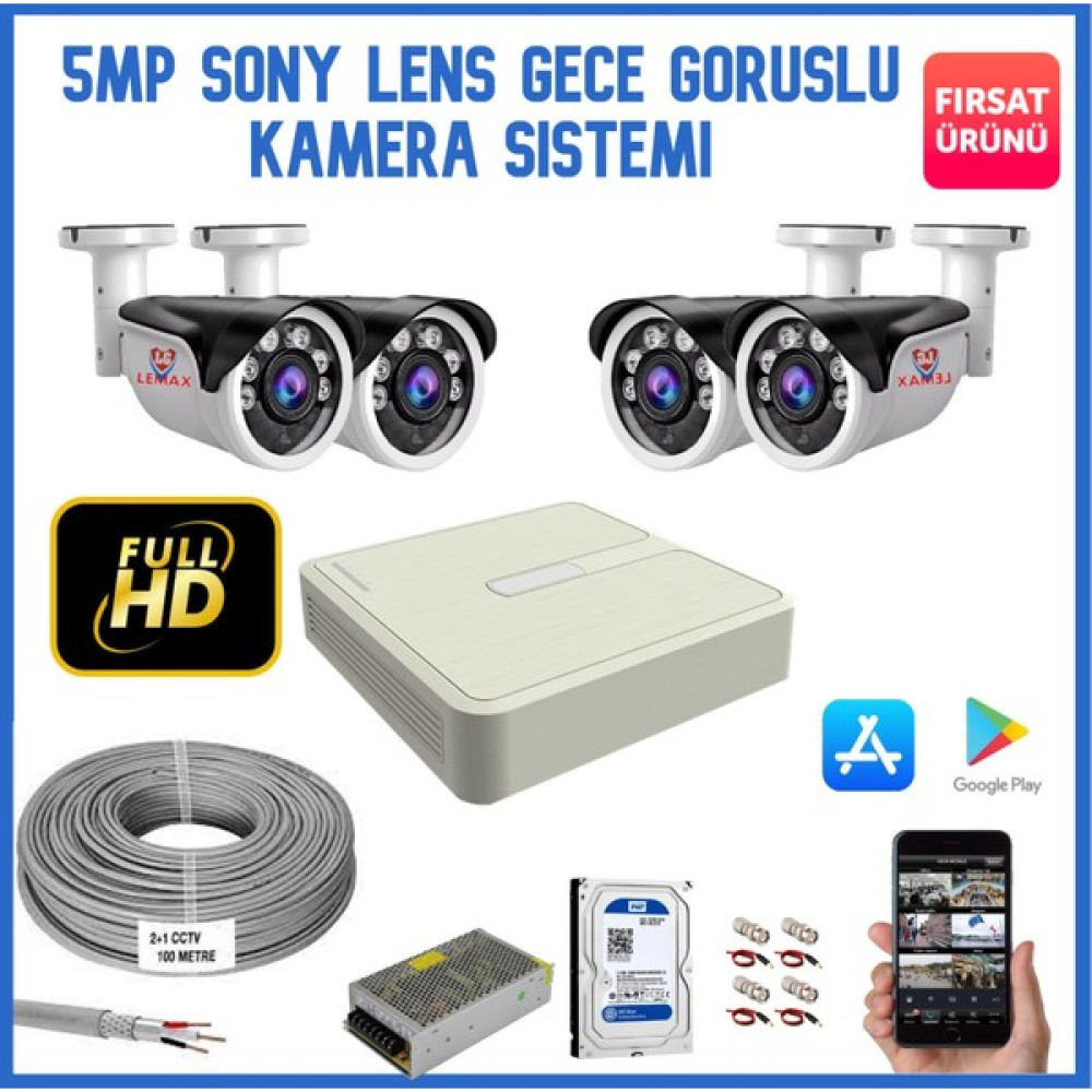 Maxcam 4 Kameralı 5 Mp Sony Lens Gece Görüşlü, Dış Mekan Ahd Güvenlik Kamerası Sistemi Güvenlik Kameraları Fiyatı