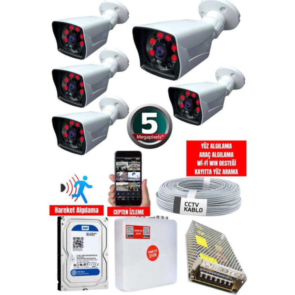 Maxcam 5 Kameralı Set - 5mp Sony Lensli Full Hd Gece Görüşlü Su Geçirmez Cepten Izle - Güvenlik Kamerası Sistemi Güvenlik Kameraları Fiyatı