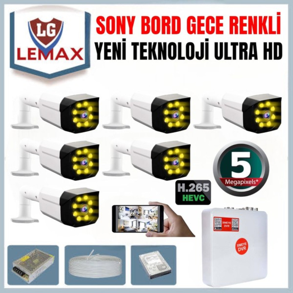 Maxcam 6 Kameralı 5 Mp Gece Renkli 8 Adet Warm LED Yüz ve Araç Algılamalı Güvenlik Kamerası Seti Güvenlik Kameraları Fiyatı