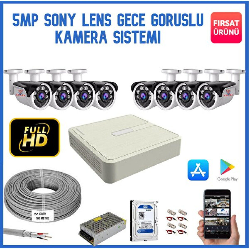 Maxcam 8 Kameralı 5 Mp Sony Lens Gece Görüşlü, Dış Mekan Ahd Güvenlik Kamerası Sistemi Güvenlik Kameraları Fiyatı