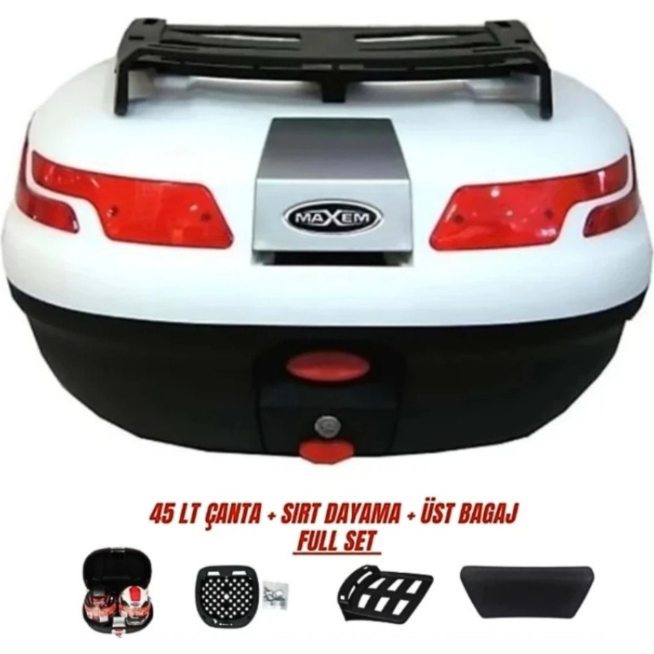 Maxem Motosiklet Arka Çanta 45 Litre Sırt Dayama ve Üst Tabla Full Set Beyaz - Standart Diğer Fiyatı