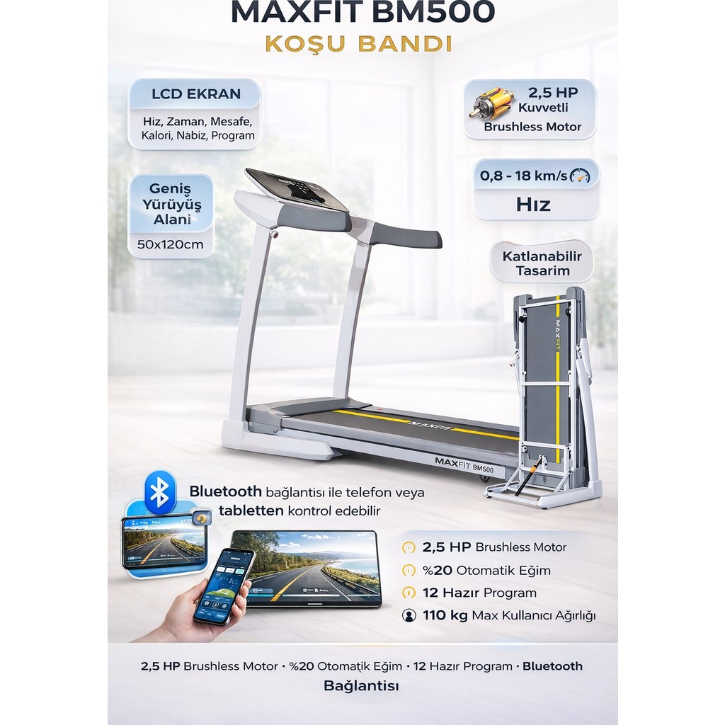 Maxfit Maxfıt BM500 Otomatik Eğimli Koşu Bandı 2,5 Hp Brushless Motor Bluetooth Destekli Diğer Fiyatı
