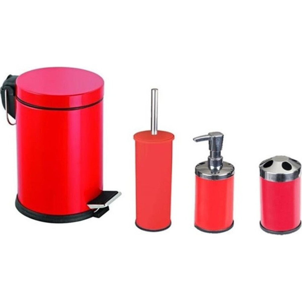 MaxiFlow Standart 4"lü Banyo Seti Çöp Kovası Wc Fırçalık Sabunluk Diş Fırçalık Kırmızı Çöp Kovaları Fiyatı