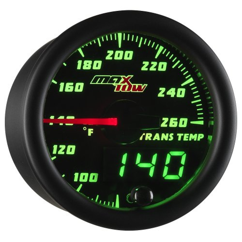 MaxTow Double Vision 260 F Transmission Temperature Gauge Kit - Includes Electronic Sensor - Black Gauge Face - Green LED Illuminated Dial - Analog & Digital Readouts - for Trucks - 2-1/16" 52mm