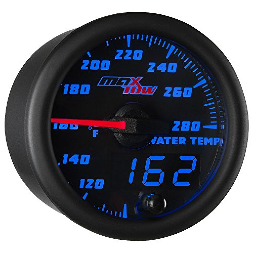MaxTow Double Vision 280 F Water Coolant Temperature Gauge Kit - Includes Electronic Sensor - Black Gauge Face - Blue LED Illuminated Dial - Analog & Digital Readouts - for Trucks - 2-1/16" 52mm