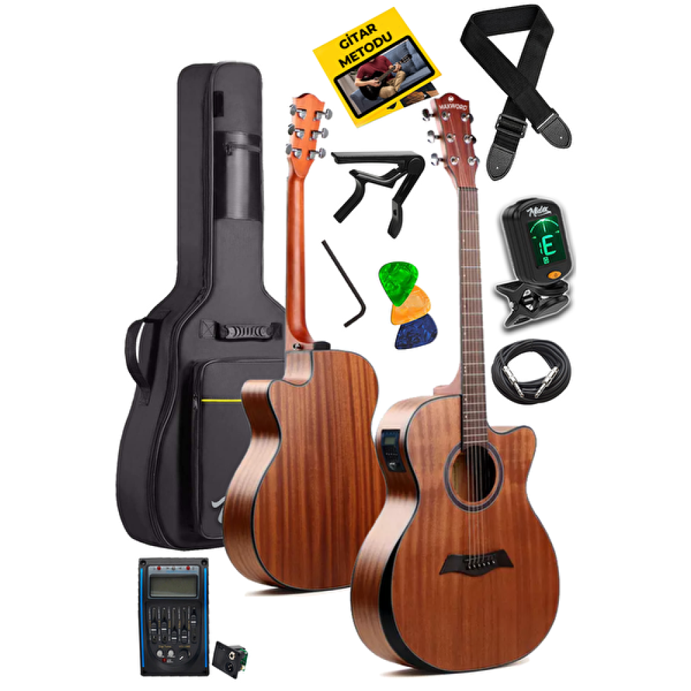 Maxword M450-Eq 4/4 Yetişkin Seri Üst Segment Profesyonel Masif Ağaç Elektro Akustik Gitar Seti Akustik Gitarlar Fiyatı