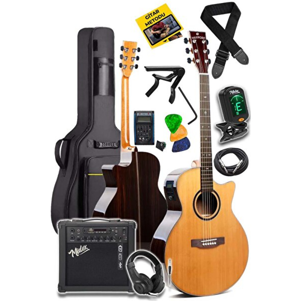 Maxword M501-Eq-Amp Üst Segment Profesyonel Masif Ağaç Amfili Elektro Akustik Gitar Seti Akustik Gitarlar Fiyatı