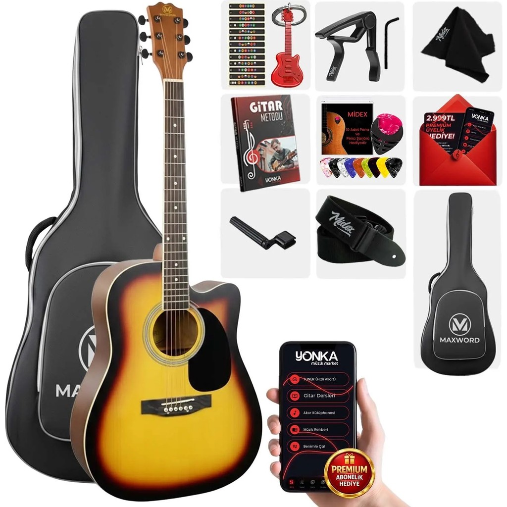 Maxword MCG-650SB Yüksek Kaliteli Ağaç Akustik Gitar Full Set - 3 Renk Sunburst Klasik Gitarlar Fiyatı