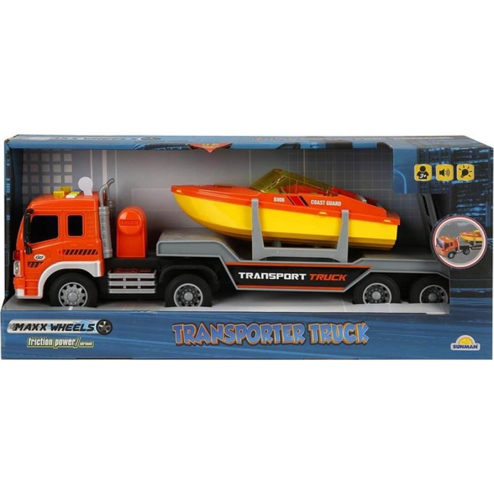 Maxx Wheels 1:16 Maxx Wheels Sesli ve Işıklı Bot Taşıyıcı Tır 38 cm - Turuncu Oyuncak Araç Fiyatı
