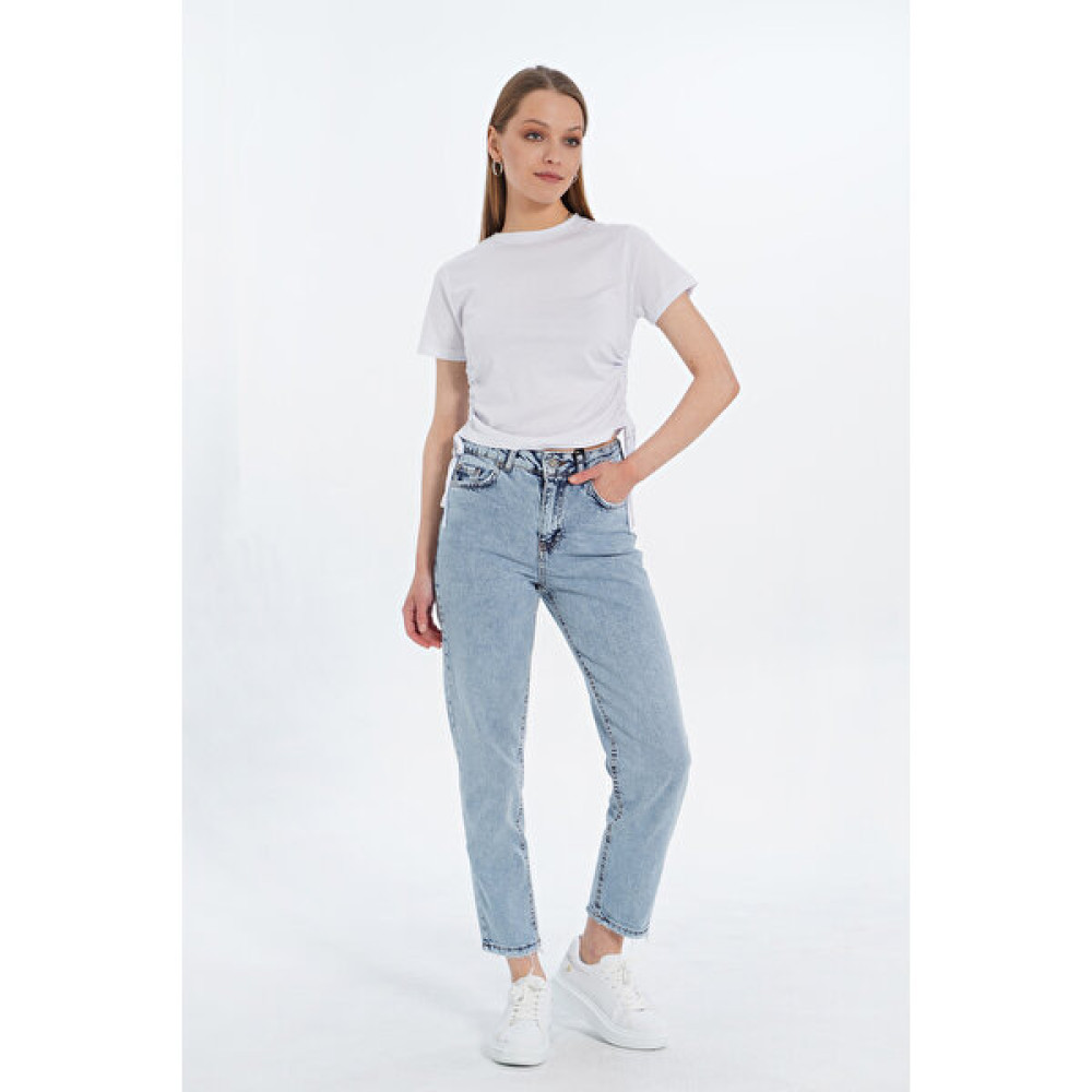 May Butik Yanı Büzgülü Beyaz Tişört Bayan T-shirt Fiyatı