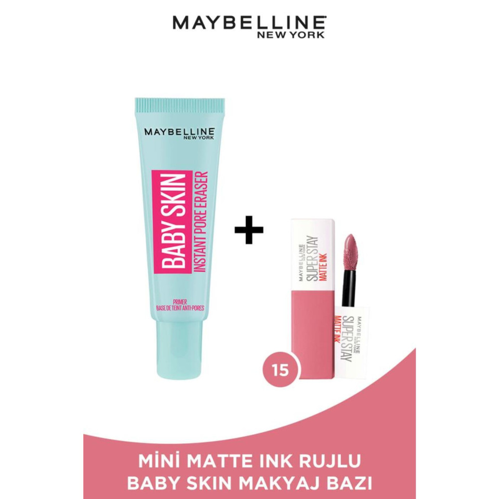 Maybelline New York Baby Skin Gözenek Gizleyici Makyaj Bazı & Mini Super Stay Matte Ink Ruj 15 Lover 2.7 ML Makyaj Ürünleri Fiyatı