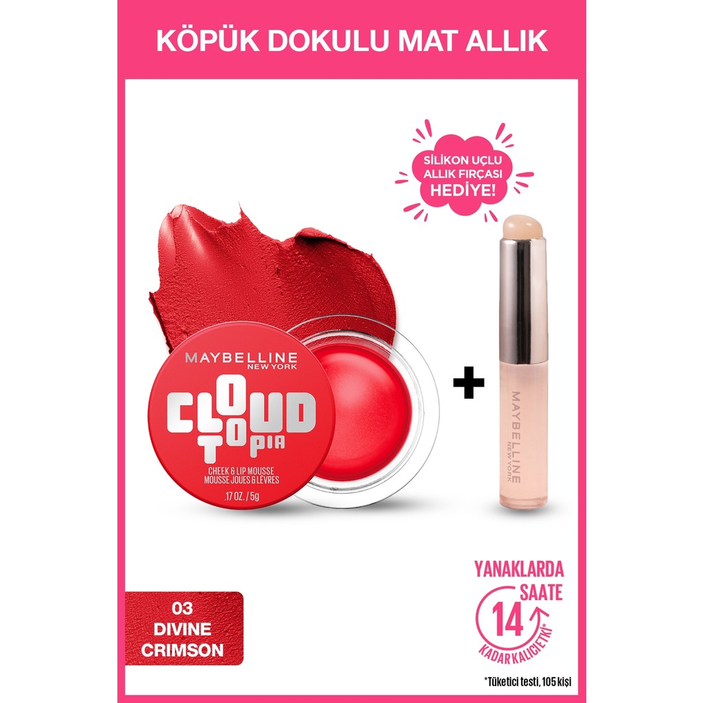 Maybelline New York Cloudtopia Köpük Dokulu Mat Allık 03 Divine Crimson & Allık Fırçası Hediyeli Allık Fiyatı