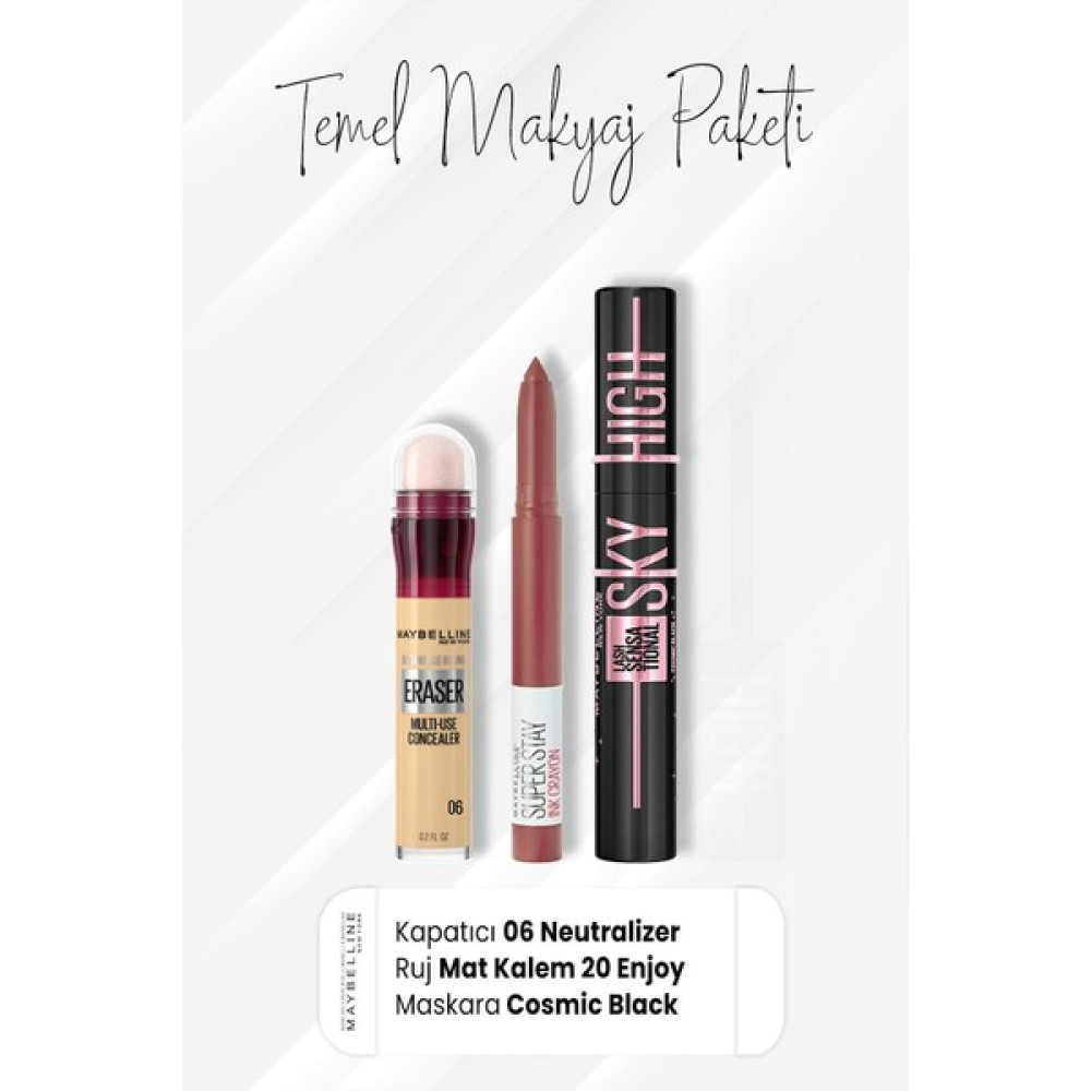 Maybelline New York Eraser Kapatıcı 06, Sky High Maskara Cosmic Black ve Crayon Mat Ruj 20 Enjoy Concealer Fiyatı