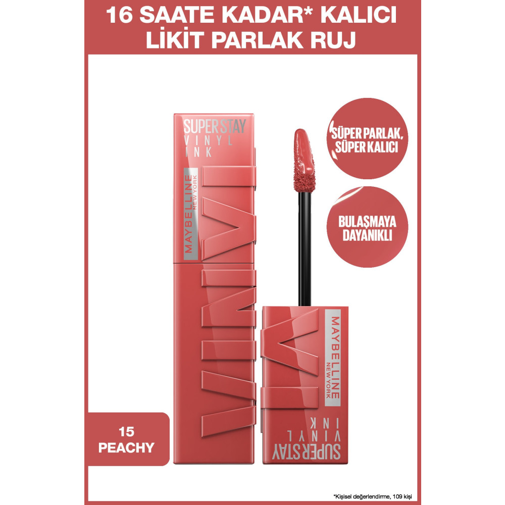 Maybelline New York Super Stay Vinyl Ink Uzun Süre Kalıcı Likit Parlak Ruj 15 Peachy Rujlar & Dudak Parlatıcıları Fiyatı