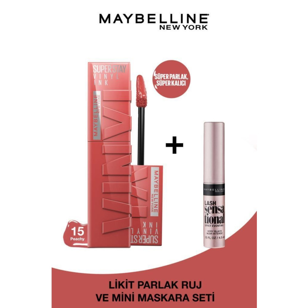 Maybelline New York Super Stay Vinyl Ink Uzun Süre Kalıcı Likit Parlak Ruj 15 Peachy & Mini Lash Sensational Maskara Set Rujlar & Dudak Parlatıcıları Fiyatı