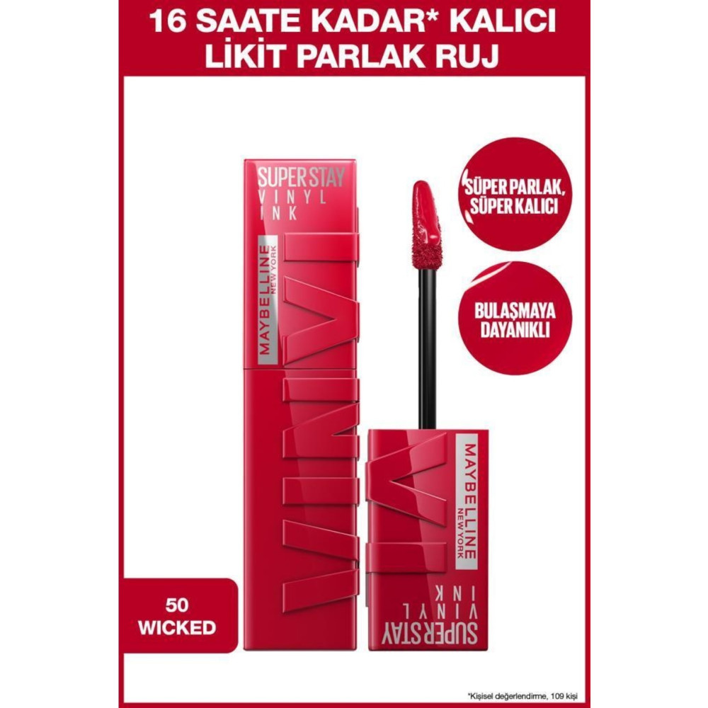 Maybelline New York Super Stay Vinyl Ink Uzun Süre Kalıcı Likit Parlak Ruj 50 Wicked Rujlar & Dudak Parlatıcıları Fiyatı