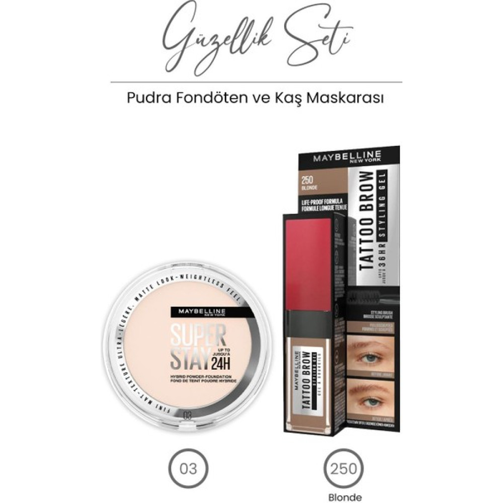 Maybelline New York Superstay Hibrit Pudra-Fondöten 03 ve Tattoo Brow 36H Maskarası 250 Fondötenler Fiyatı