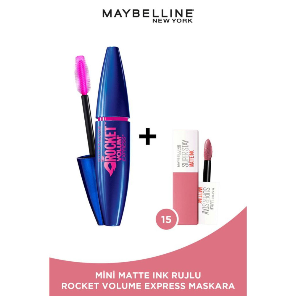 Maybelline New York Volum Express Rocket Ekstra Siyah Maskara & Mini Super Stay Matte Ink Ruj 15 Lover 2.7 ML Rimeller / Maskaralar Fiyatı