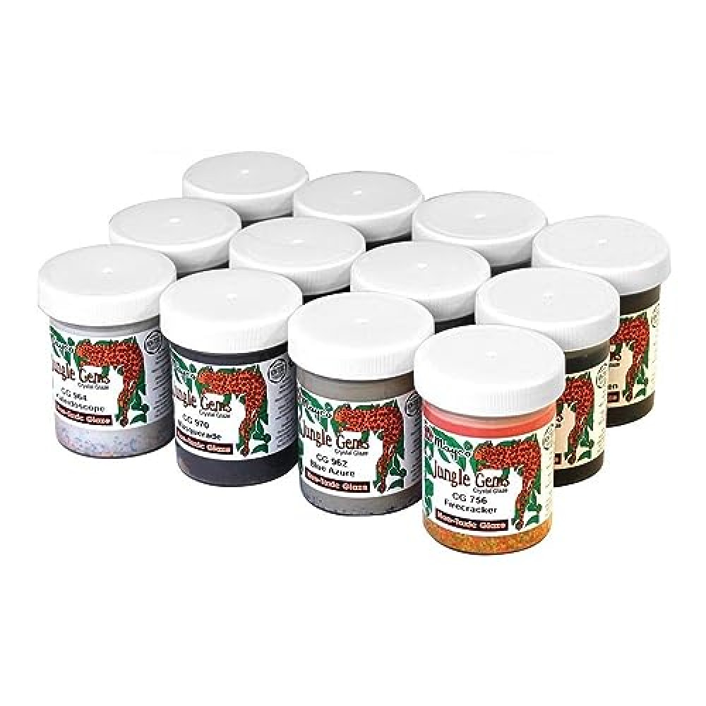 Mayco Jungle Gems Crystal Glaze Set 4 oz- 12 Jars Classroom Pack for Ceramics, Pottery, Painting, Artists, Teachers
