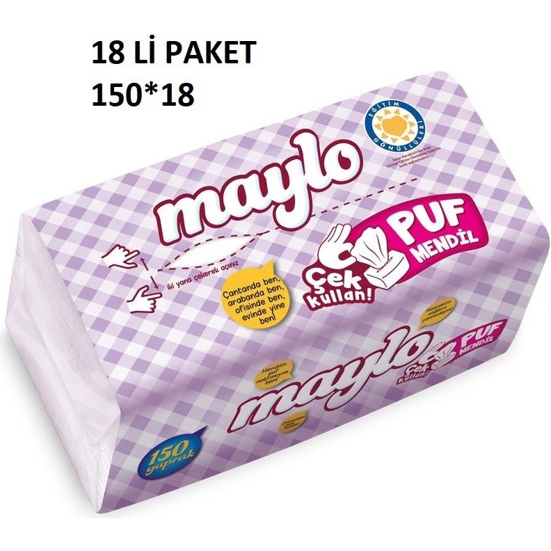 Maylo Puf Mendil 150 Yaprak x 18 Paket (2700 Yaprak) - Beyaz Kağıt Mendil Fiyatı
