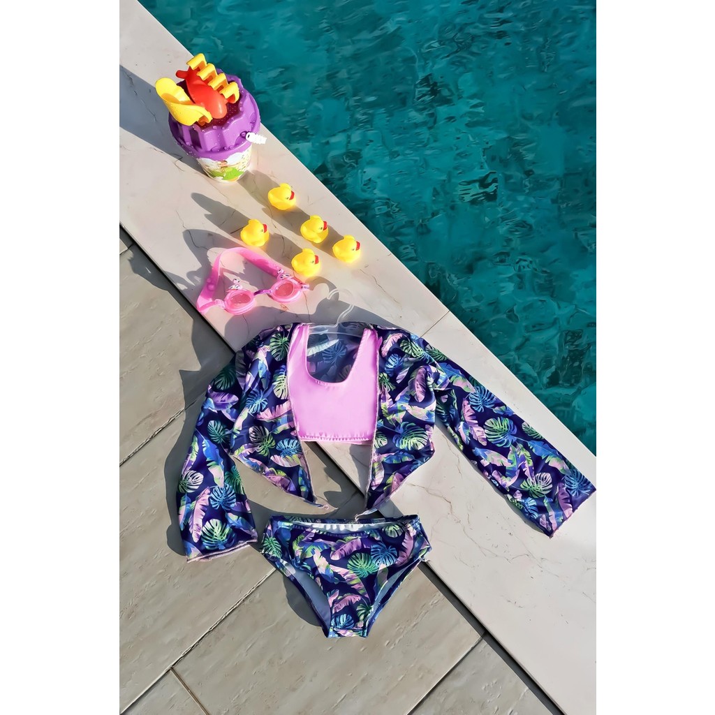 Mayom Kız Çocuk Yaprak Desenli Pareolu Bikini Takımı 3'lü Set Kız Çocuk Plaj Giyimi Fiyatı