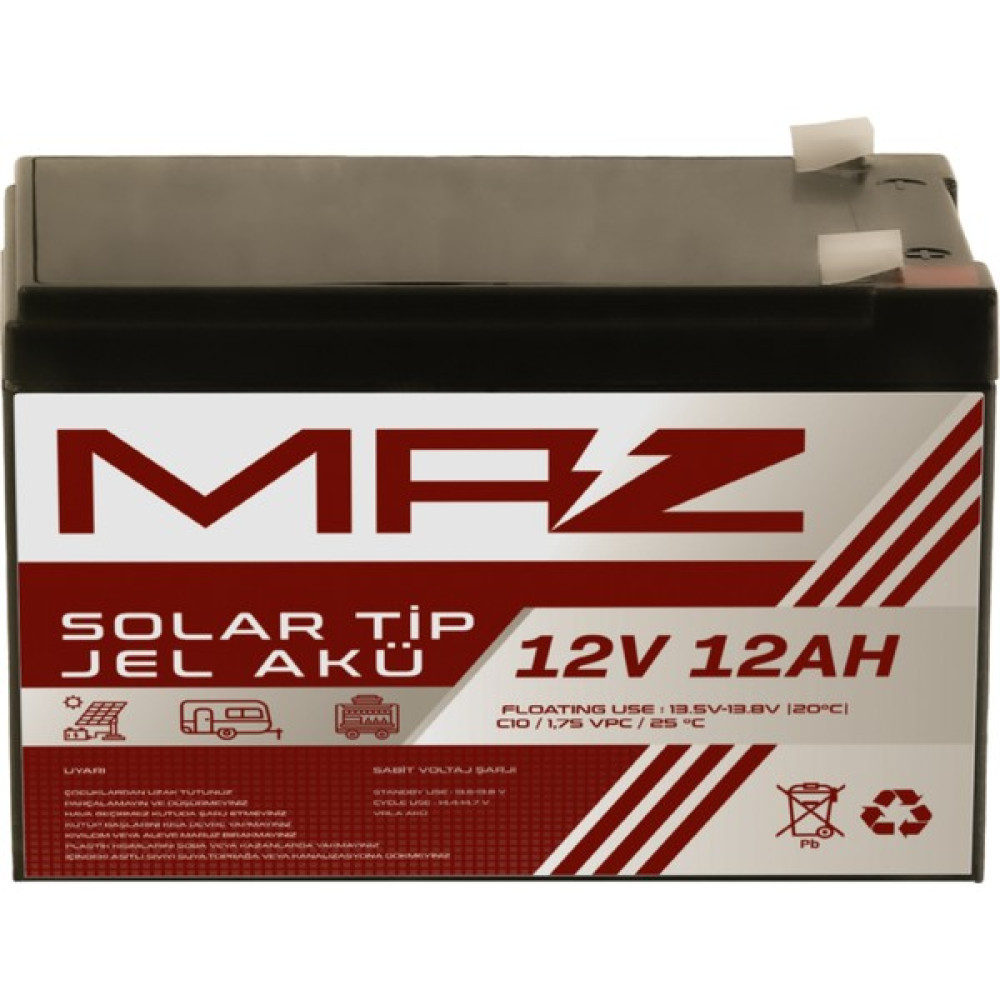 Maz Akü 12 Volt 12 Amper (Ah) Solar Jel Akü (Güneş Paneli Akü) Akü Fiyatı