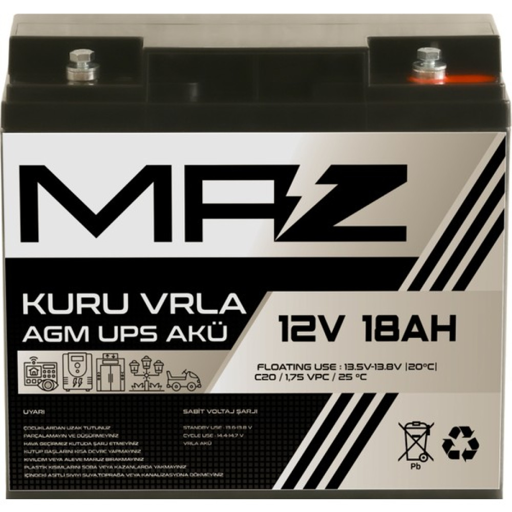Maz Akü 12 Volt 18 Amper (Ah) Kuru Agm Vrla Güç Kaynağı Ups Akü Akü Fiyatı