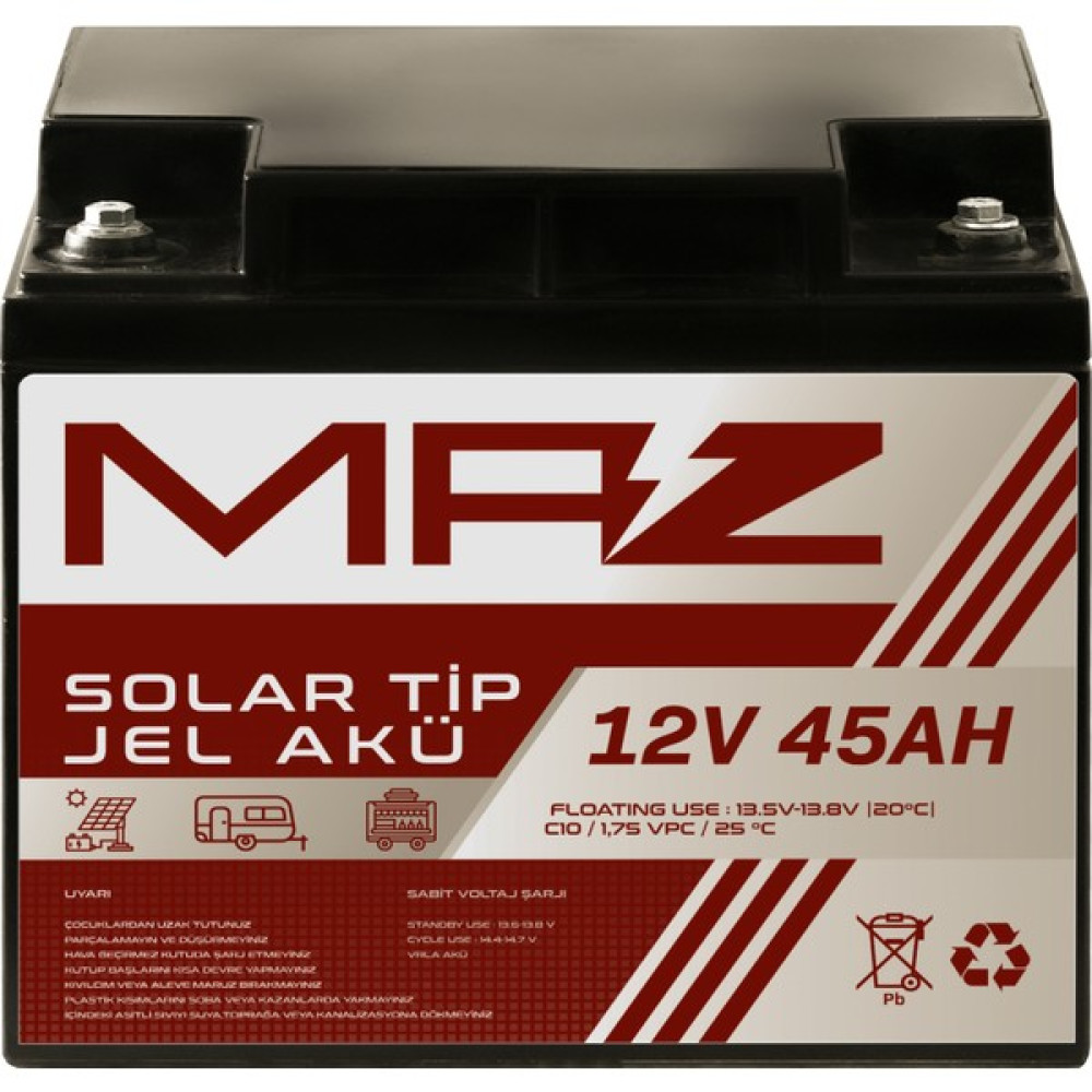 Maz Akü 12 Volt 45 Amper (Ah) Solar Jel Akü (Güneş Paneli Akü) Akü Fiyatı