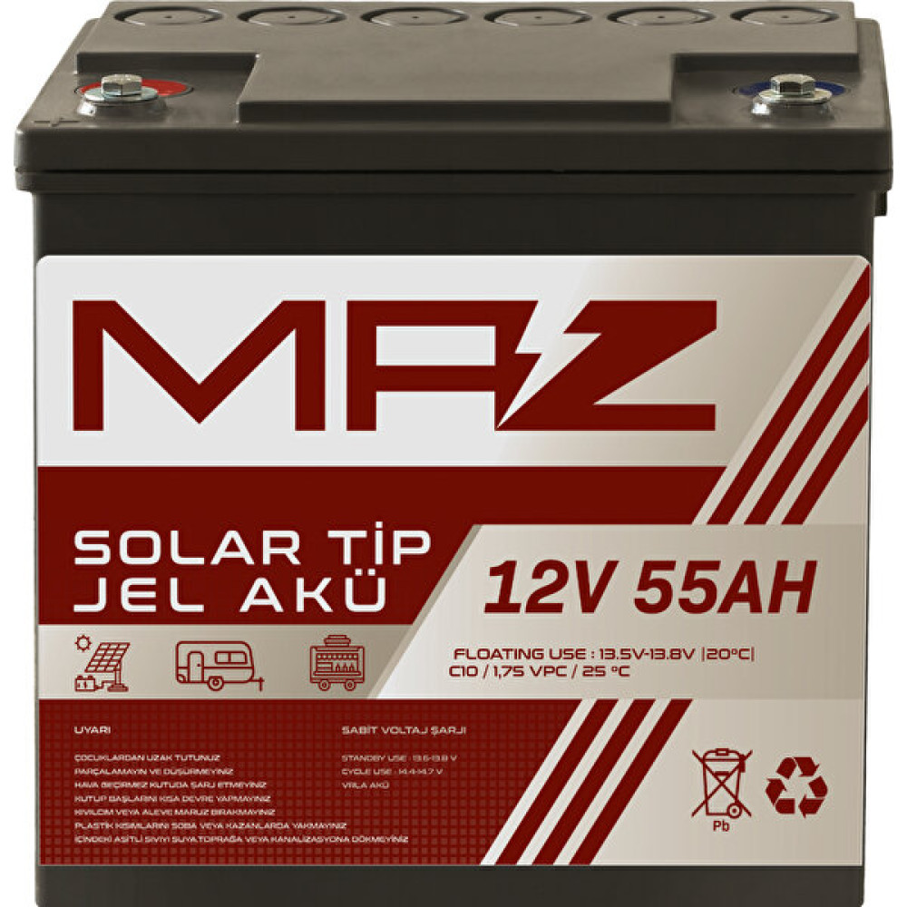 Maz Akü 12 Volt 55 Amper (Ah) Solar Jel Akü (Güneş Paneli Akü) Akü Fiyatı