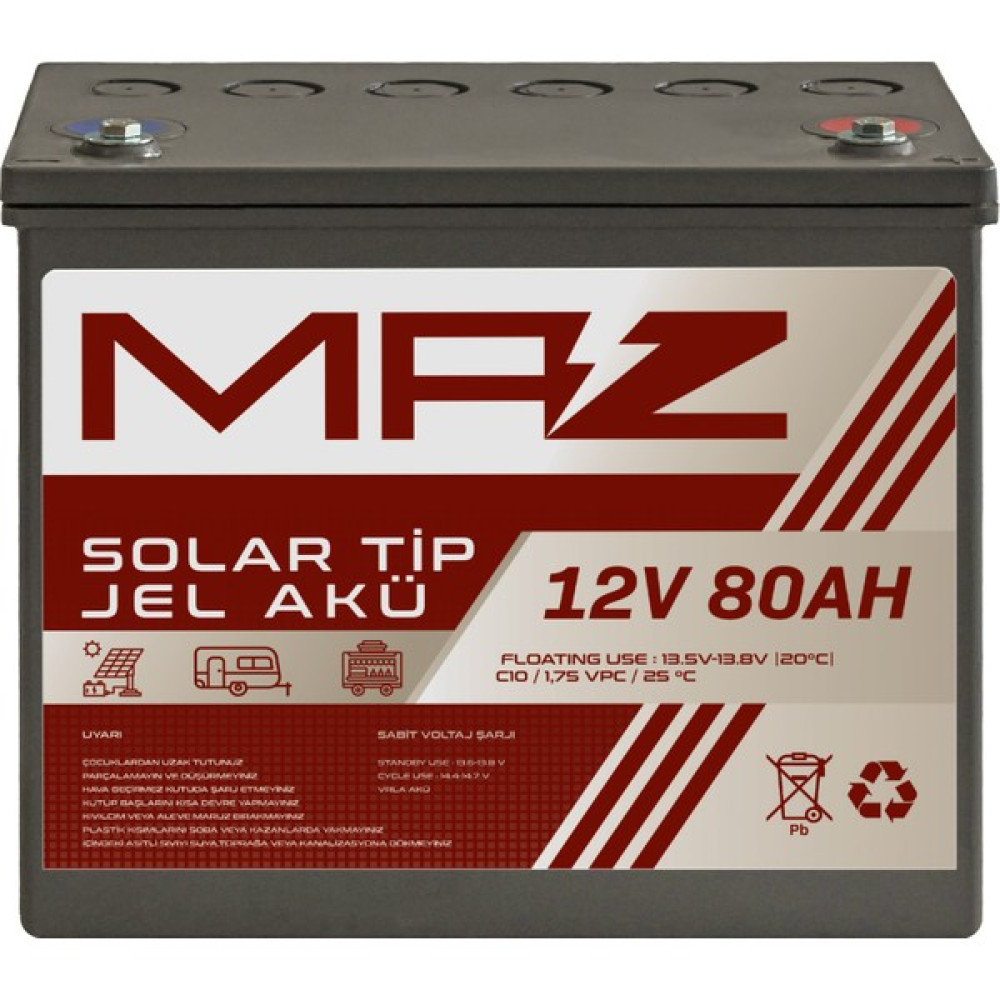 Maz Akü 12 Volt 80 Amper (Ah) Solar Jel Akü (Güneş Paneli Akü) Akü Fiyatı
