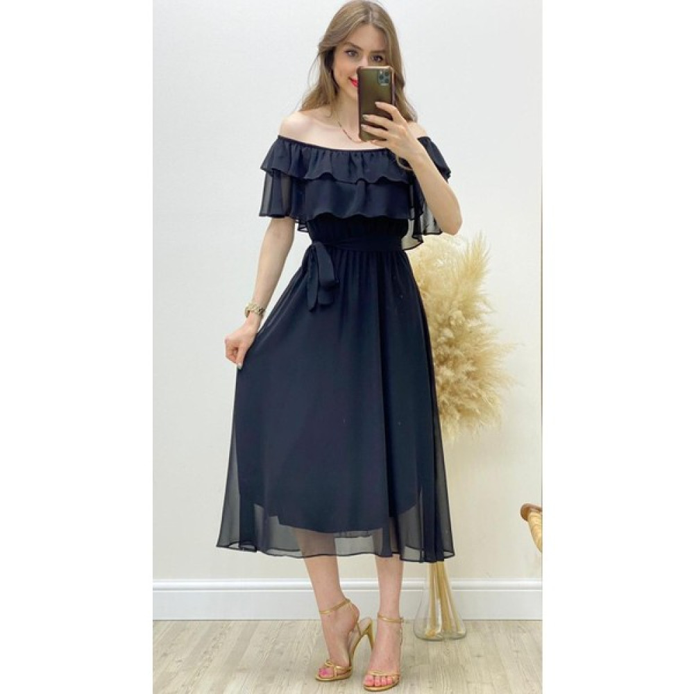 Mazi Butik Fırfırlı Madonna Şifon Elbise Siyah10 Elbise Fiyatı