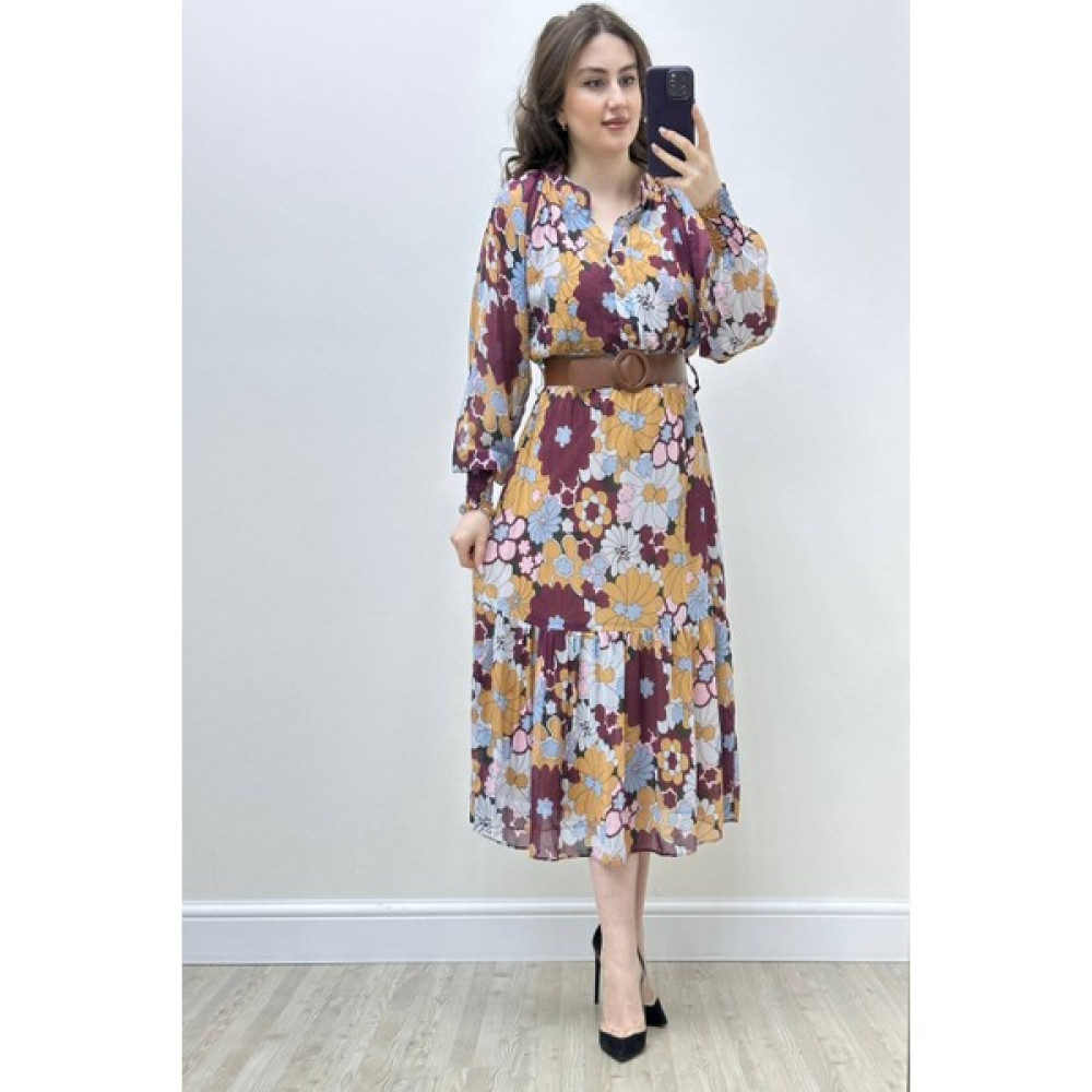 Mazi Butik Lilyum Kemerli Şifon Elbise Kahverengi10 Elbise Fiyatı
