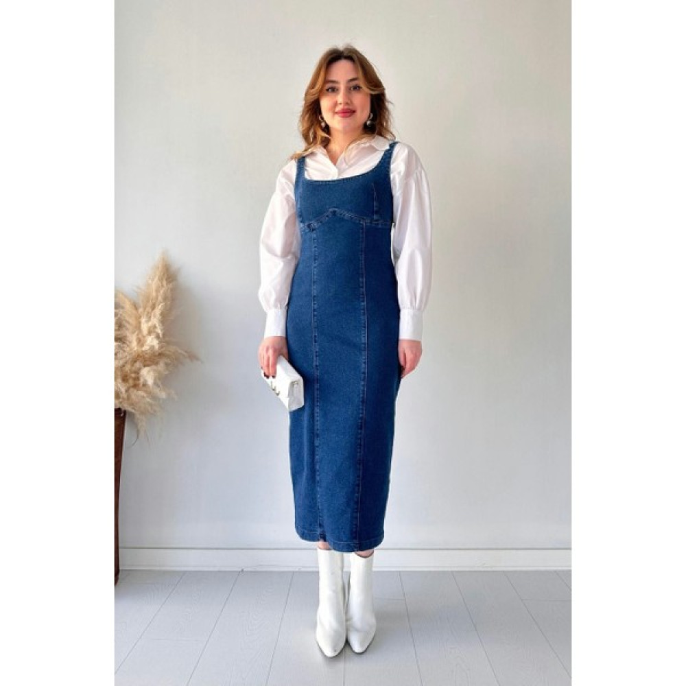 Mazi Butik Midi Boy Askılı Denim Elbise Lacivert Elbise Fiyatı