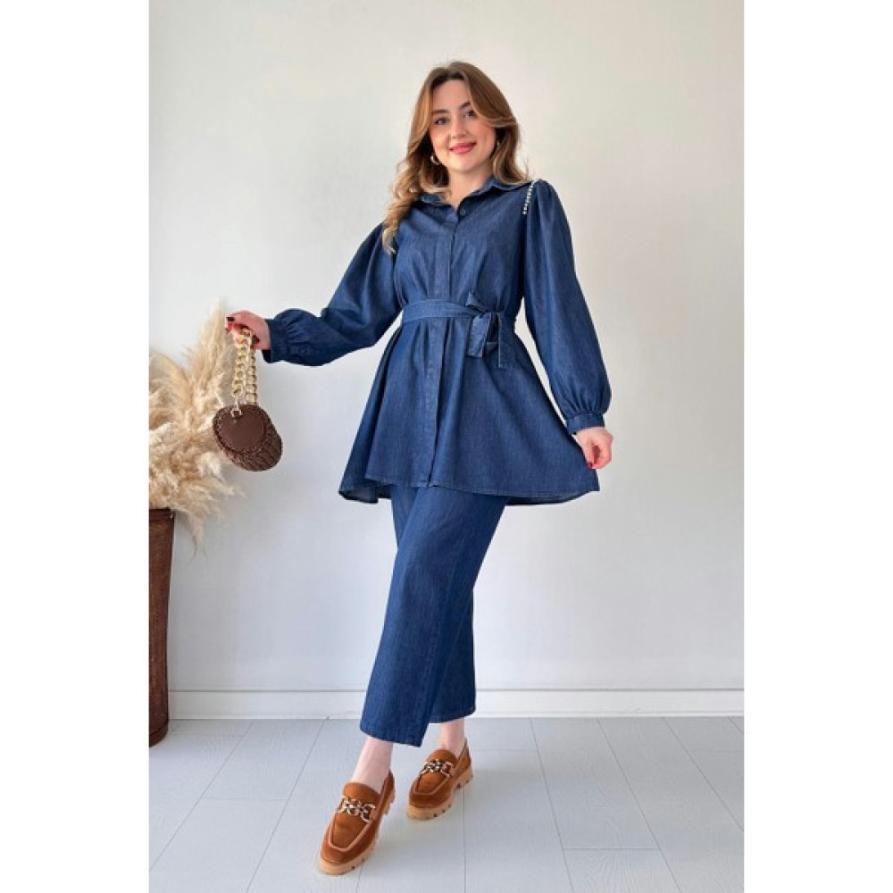 Mazi Butik Taşlı Peplum Denim Takım Lacivert Elbise Fiyatı