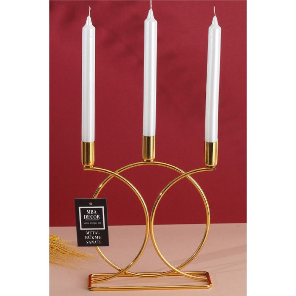 MBA Decor Metal Bending Art Metal Geometrik 3 Lü ( Üçlü ) Gold Şamdan Mumluk Dekoratif Mumluk 23CM Paslanmaz Kaplama Ev Dekorasy - 0 Şamdan Fiyatı