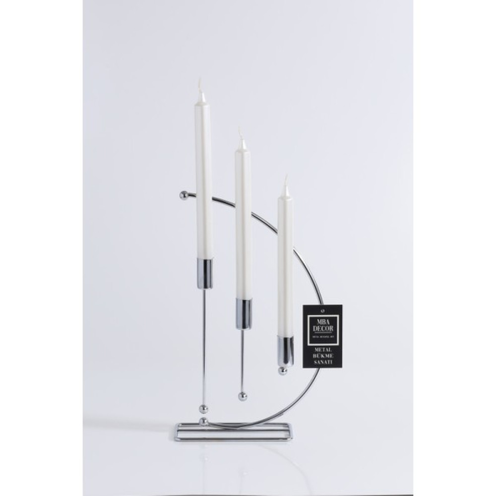 MBA Decor Metal Bending Art Nota Model Gümüş Metal 3 Lü Şamdan Üçlü Mumluk Dekoratif Mumluk 25CM Paslanmaz Kaplama Ev Dekorasyon - 0 Şamdan Fiyatı