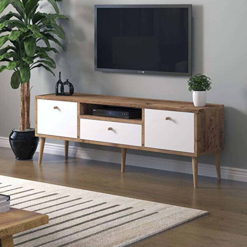 Mbes Mobilya Beyza Ahşap Ayaklı 140 cm Atlantik Beyaz Tv Sehbası - Atlantik Çam - Beyaz Tv Ünitesi / Sehpası Fiyatı