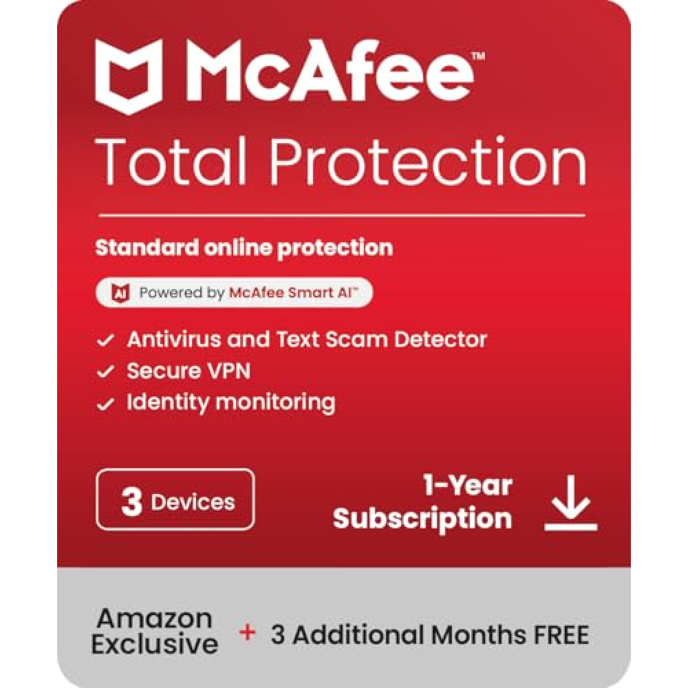 McAfee Total Protection 3-Device 2025 |15-Months |Antivirus, Secure VPN |Includes Security Software, Password Manager, Identity Monitoring | Digital download