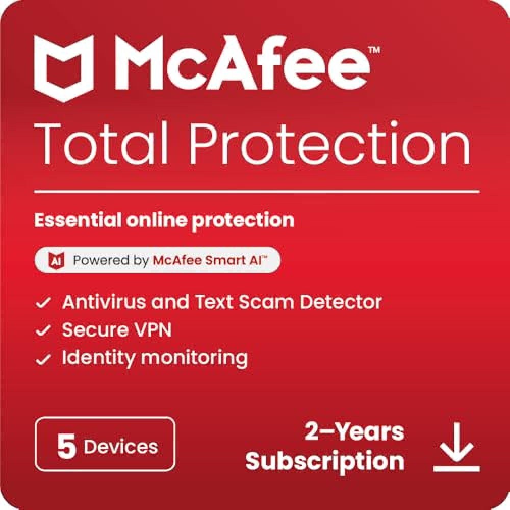 McAfee Total Protection 5-Device 2025 | 2-Years | Security Software Includes Antivirus, Secure VPN, Password Manager, Identity Monitoring |Digital download |PC/Mac/iOS/Android