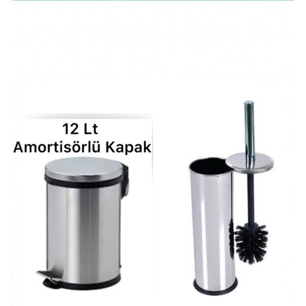 MCK Plus 12 Litre Paslanma Krom 2'li Banyo Seti Pedallı Çöp Kovası Wc Klozet Tuvalet Fırça Seti - Gri Banyo Aksesuarları Fiyatı